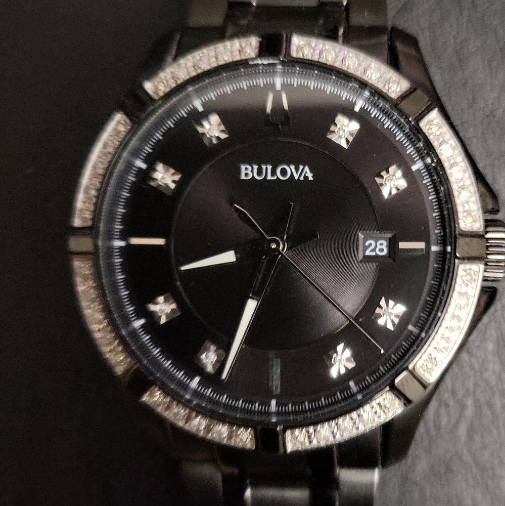 Bulova 42mm Men's Black Diamond Quartz Dress Watch Swarovski - Model 98E116